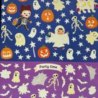 Text oben: "Trick or treat". Unten: "Party time". Illustration mit Halloween-Motiven: Geister, Kürbisse, Skelette, Sterne.