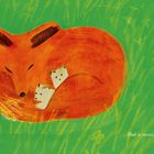 Text: "Dad is sweet." Illustration eines schlafenden Fuchses mit zwei Jungen auf grünem Hintergrund.