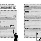"The Laws of the Game" beschreibt 17 Hauptthemen im Fußball mit Regeln. Illustrationen: Ball, Fußballschuh, Schiedsrichter.