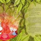 Im Text wird eine geheimnisvolle rote Beleuchtung beschrieben. Links eine Illustration: Ein Tier und zwei Figuren betrachten einen Edelstein.