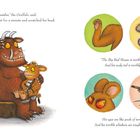 Links: Ein großer, bräunlicher Monster mit gelben Augen sitzt. Rechts: Illustrationen eines Arms, einer langen Schwanz, Augen und eines Vogels mit Text.