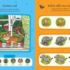 Links: "Curious cat", "Kittens loves to jump and explore." Rechts: "Safari odd one out." Verspielte Katzen- und Safaritierbilder.