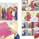 Ein Dialog zwischen Mutter und Tochter über das Aufschreiben von Gefühlen, mit einem rosa Tagebuch als Symbol.