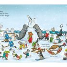 Ein Workshop voller Tiere bereitet Spielzeug für Weihnachten vor. Ein Pelikan fegt, eine Uhr zeigt Mitternacht, und überall stehen Schilder.