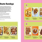 Texte: "60-Minute Sundays", "Breakfast Oat Cookies (see page 34)", "Greek-Style Chicken Kebabs (see page 60)". Links bunte Gerichte.