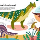"What’s for dinner?" Dinosaurierdiäten variierten stark. Illustrationen von Dinosauriern beim Jagen, Fressen und Graben.