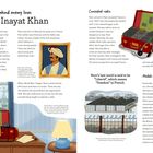 Texte: "Behind enemy lines: Noor Inayat Khan", "Concealed radio", "Noor’s last word is said to be 'Liberté', which means 'freedom' in French.", "Medals of honour". Illustration: Frau mit Kopfhörern, Radio, Gefängniszaun, Medaillen.