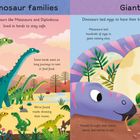 Titel: "How big is a dinosaur?" Verschiedene Dinosauriergrößen im Vergleich, farbenfrohe Illustration eines kleinen Jungen.