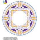 Viele traditionelle Mandalas enthalten quadratische Formen. Verzierte Mandala-Illustration mit Blau, Gelb und Violett.