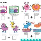 "Malen und rechnen" zeigt bunte Monster, einfache Rechenaufgaben mit Kästchen und eine Zahlenreihe von 1 bis 10.