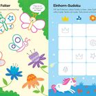 Links: Anleitung zum Ausmalen von Schmetterlingen; rechts: Einhorn-Sudoku zum Lösen. Fröhliche Illustrationen.