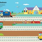 „Dampfeisenbahnen.“ Ein Bahnhof mit Zügen auf mehreren Gleisen, Menschen auf Bahnsteigen und einem gelben Gebäude.