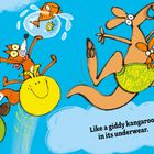Text: "JUMP on the spot and POINT in the air" und "Like a giddy kangaroo in its underwear." Illustration: Tiere hüpfen fröhlich.