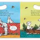 Links: "Humpty Dumpty sat on a wall..." Neben drei Männern vor einer Mauer. Rechts: "Row, row, row your boat..." zeigt Leute im Boot.