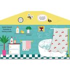"Splish! Splash! Someone is having a bath." Buntes Badezimmer, Pflanzen, Spielzeugente, Badewanne mit Schaum.
