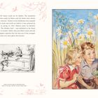 Links Text über Eileens Talent; Zeichnung darunter: Kinder auf Zaun. Rechts Illustration von zwei Kindern in Blumenwiese.