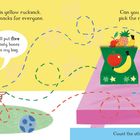 Ein fröhlicher Cartoon-Hund trägt einen gelben Rucksack. Drei Boxen mit Symbolen: bunte Früchte, Knochen, Cupcakes.