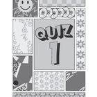 Text: "QUIZ 1". Stilvolles Layout mit Mustern: Smiley-Gesichter, Blumen, CDs, geometrische Formen.