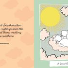 Moomintroll und Snorkmaiden auf Wolken unter der Sonne. Rechts ein fliegender Charakter mit Zylinder. "A Special Kind of Magic".