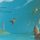 "Puff, the magic dragon, lived by the sea..." Illustration von einem grünen Drachen und einem Kind am Meereshorizont.