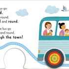 „The wheels on the bus go round and round“, Illustration eines Busses mit Passagieren und einem Fahrer, Wetterelemente.