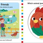 Links: "Feathered friends", "The farmer scatters seed for the chickens to peck." Rechter Teil: Hahn-Illustration.