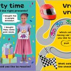 "Party time", "Vroom, vroom!" Zwei Kinder mit Geschenken, Rennstrecke mit Autos, Pokal, Ballons, Konfetti.