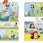 Comic mit Hund und Mädchen. Texte beschreiben Geruchssinn, Spiel und Kunst. Bunte, humorvolle Illustration.