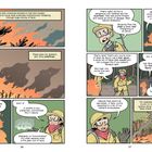 Linke Seite: "And with continued access to fuel and oxygen...first wildfires." Illustrationen von Waldbränden. Figuren sprechen.

Rechte Seite: Dialoge über Waldbrände. Charaktere diskutieren "Hot Spot". Comicstil.