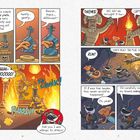 Es ist eine bunte Comic-Seite mit sprechenden Tieren, die versuchen, einer misslichen Lage zu entkommen.