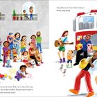 Texte: "Neighbors wave from across the street. Kids run to share their toys. They save her leftover bits of their lunches (Penny looks forward to apple cores and sandwich crusts the most)." / "A band forms in front of the firehouse. Penny sings along!"

Beschreibung: Eine bunte, fröhliche Szene mit vielen lachenden Menschen, Kindern und einem Hund. Links stehen Nachbarn auf der Straße, winkend und spielend. Rechts spielt eine Band vor einem Feuerwehrwagen, mit Leuten, die Musik machen und tanzen.