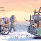 Früher Morgen, ein alter Holzkasten geht zum Schrottplatz. Illustration mit Menschen, die Kisten und Material transportieren.