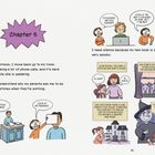 "Chapter 5" in großem lila Stern. Links: Überarbeitete Mutter mit Kind. Rechts: Geschichte über ein Mädchen bei der Tante. Text: "Turns out the old woman is a witch!"