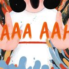 Text "AAAA AAH!". Eine Person hält Hände gestreckt, mit bunten, wirbelnden Formen im Hintergrund.