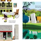 Links Text: "Can it be in a building where an artist used to live? Like a museum in their house?"  
Rechts Text: "Does it even have to be inside? Can it be outside? In a park?"  
Links ein Raum mit ausgestellten Objekten und Kindern, rechts ein Park mit bunten Wänden.