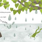 Text: „I like dangling off leaves and falling into ponds. If you’re close by, you might hear me go PLOP!“ Illustration von Fröschen auf Steinen, fallenden Tropfen und einem Baum mit herzförmigen Blättern.