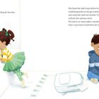 Texte: "Pia noticed everything all the time." Ein Mädchen schaut nach rechts, ein Junge streichelt einen Hund.