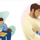 Links: "Charlie's dad closed the last book. No, no, NO." Vater mit Kind im Sessel. Rechts: "NEEDED Charlie wanted his dad to stay."
