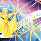 "DOLLY IS A SINGER, A SONGWRITER, AND AN ACTRESS." Illustration einer Frau in gelbem Kleid mit musikalischen Elementen.