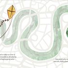 "I had no idea our river is surrounded on all sides by overlapping gray paths... that eventually turn into soft, fluffy plants!" 
Eine Illustration zeigt ein Tier mit Brille, das einen Drachen hält, auf einem gewundenen Pfad mit grüner Landschaft.