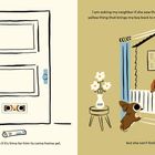 Links: "I am wondering if it's time for him to come home yet." Tür mit Wackelaugen. Rechts: "I am asking my neighbor..." Hund im Fenster.