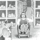 „NO REFUNDS“ steht auf einem Schild. Ein muskulöser Mann im Rollstuhl befindet sich in einem Tierladen mit Käfigen.