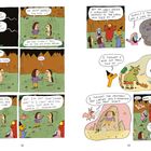 Ein Comic zeigt Dialoge zwischen einer Person und skurrilen Kreaturen, die über eine Prophezeiung sprechen.