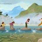 Texte: "The girl had been dreaming of standing on top," und "and just like the mountain, she'd grown up a lot." Eine Illustration zeigt vier Mädchen, die über Steine im Wasser balancieren, vor einer Bergkulisse.