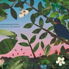 Text: "A song has started with a hum, Cicadas thrum out, 'Oh, what fun!'" Illustration von Insekten und einem Vogel im Laub.