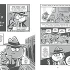 Comic-Stil: Detektiv mit Hut, der einen Fall löst. Kinder in einem Klassenzimmer, die diskutieren. Pagina 19.
