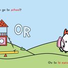 "Do you want to go to school?" und "Go to la escuela con Pollo?" Eine Illustration mit einem Spielplatz und einem Schulgebäude.
