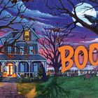 Orange "BOO!"-Text, vor gruseligem Haus mit Kürbissen, schwarzen Katzen, Raben und Vollmond.