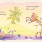 Zwei Mäuse spielen fröhlich auf einer Wiese mit Beeren und Pilzen unter einem großen Baum in einer liebevollen Farbillustration.