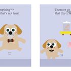 Links: "Don't do anything?!? Well... wait—that's not true!"; Hund mit Maus, Knochenbild. Rechts: "There's so many things that this PAPA can do."; Hund, Tisch mit Apfel.